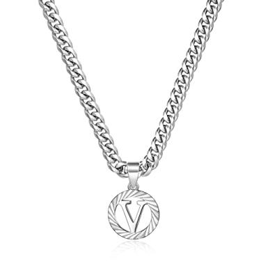Imagem de KissYan Colar com inicial em ouro, pingente redondo banhado a ouro 14 K, monograma maiúsculo, 5 mm, corrente cubana Alhpabets de A-Z, joias delicadas para mulheres, homens e meninas, Aço inoxidável, Sem Pedra Preciosa