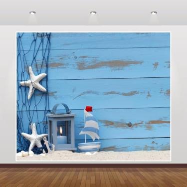 Imagem de Caaerttply Fundo náutico de parede de madeira azul 3 x 2,4 m para fotografia festa pirata estrela do mar leme rede de pesca pano de fundo oceano praia conchas vela crianças bebê festa de aniversário