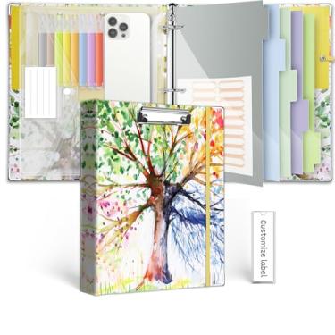 Imagem de Organizador de fichário de 3 anéis, 2,5 cm, fichários KLLVE com três anéis com prancheta, divisórias de bolsos de 5 abas, pasta de plástico, 18 divisórias stikers, alça para caneta (árvore verde