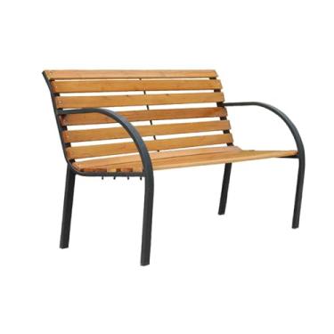 Imagem de Banco de jardim com ripas de madeira assento de móveis ao ar livre ripas de madeira pernas de aço assento de pátio parque varanda cadeira deck madeira ferro fundido amor assento