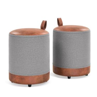 Imagem de Kit 2 Puff Redondo Banqueta em Couro e Linho Cinza/Bege para Quarto Sala (Kit - Cinza)