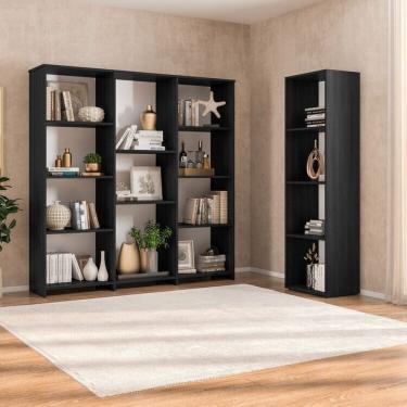 Imagem de Kit com 1 Estante Livreiro 11 Nichos Odelia e 1 Estante Modular 4 Nichos Calum Preto