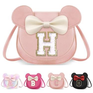 Imagem de XSUIOY Bolsa infantil para meninas, presente de aniversário para crianças, bolsa infantil com inicial personalizada, lindo laço de orelha, presente de menina, Grande-rosa-branco, H