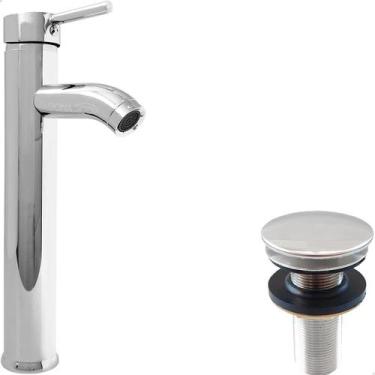 Imagem de Torneira Pia Banheiro Bica Alta Cromada E Valvula Click  Inox Kit Banh