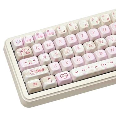 Imagem de COOMICKEY Conjunto de teclas PBT, rosa e branco 60 75 100 pecentes, teclas fofas de sublimação de tinta, tampa de teclado com perfil FOA, 145 teclas personalizadas para teclados mecânicos de jogos