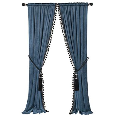 Imagem de Cortina de pompons de luxo para sala de estar blackout veludo conjunto de 2 painéis cortinas de quarto de borla de luxo (cinza-azul, (127L × 84C) × 2)