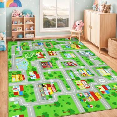 Imagem de VSIWB Tapete infantil para carro, 1,8 m x 2,5 m, educativo, rodoviário, mapa, vida urbana, carro, antiderrapante, para crianças, sala de jogos, quarto, sala de aula, verde