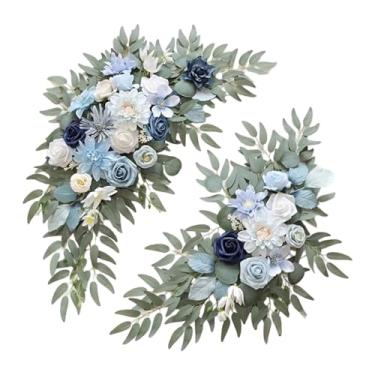 Imagem de rockible 2 peças de flores em arco de casamento, com decoração de folhas verdes, arranjo floral em arco versátil para fundo de casamento e feriado, Branco Azul