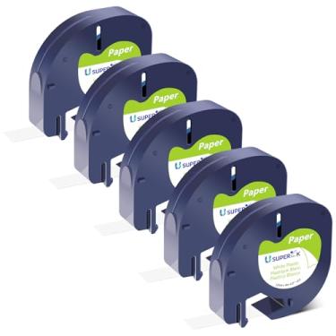 Imagem de USUPERINK Pacote com 5 fitas de papel preto sobre branco compatível com Dymo LetraTag Label Maker Refil 91330 Fita adesiva de papel branco 12 mm x 4 m (1/5.1 cm x 13') para Dymo Letratag LT100H LT100T