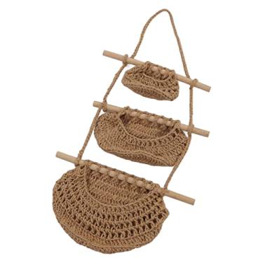 Imagem de Cesta de frutas pendurada na parede, 3 níveis, feita à mão, corda de cânhamo, madeira, cesta de parede para pendurar em 3 camadas, para enfeites, animais de estimação, bonecas