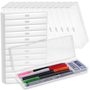 Imagem de AojSup Pacote com 24 caixas de lápis de plástico, armazenamento de canetas de plástico a granel com tampa articulada para canetas, giz de cera, escola, material de escritório, organização