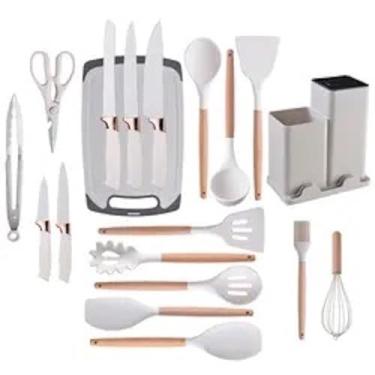 Imagem de Conjunto de utensílios de cozinha e bloco de facas de 19 peças: 12 utensílios de cozinha de silicone antiaderentes e resistentes ao calor (espátula, pinça, concha, tesoura) + 5 facas de cozinha