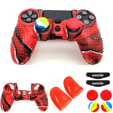 Imagem de Capa de silicone para controle Ps4 (1 capa antiderrapante, 1 par extensor de gatilho L2 R2, 4 peças de apoio para polegar, 4 peças de protetor de barra de luz de LED para controle DualShock PS4/Slim/Pro, red granular