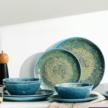 Imagem de FINE&NICE Conjunto de 12 peças de louça de melamina, conjunto de pratos e tigelas leves e inquebráveis, uso interno e externo, pode ser lavado na lava-louças, azul enferrujado