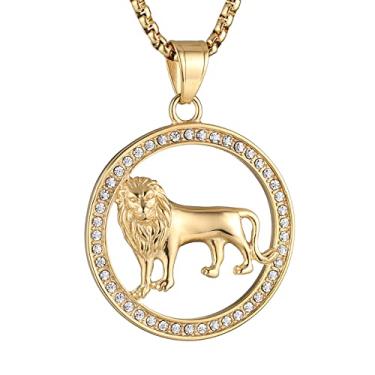 Imagem de AsAlways Pingente de cabeça de leão banhado a ouro 18K incrustado CZ vintage hip hop viking rock punk animal totem amuleto medalha pingente colar joias, Aço inoxidável, Zircônia cúbica