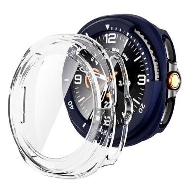 Imagem de Pacote com 2 capas com protetor de tela de vidro temperado para Samsung Galaxy Watch 8 de 46 mm, capa protetora rígida de policarbonato, design de recorte de bisel giratório, amortecedor embutido para