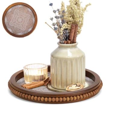 Imagem de OT-NVWOZR Bandeja decorativa redonda de madeira, bandeja de mesa de centro otomana boho de 30 cm, bandejas de servir com contas marrons, decoração de fazenda, peça central vintage para balcão de
