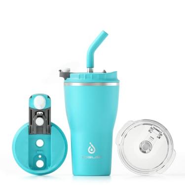 Imagem de Ideus Caneca de café de viagem 400 ml, aço inoxidável, parede dupla, à prova de vazamento, copo isolado com tampa e canudo, compatível com porta-copos, azul celeste