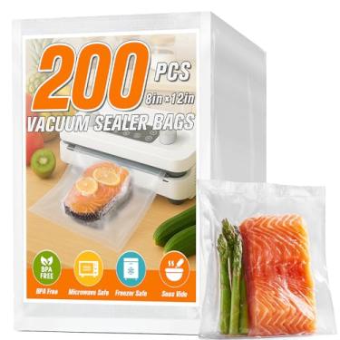 Imagem de FUNFERY Sacos seladores a vácuo pré-cortados para alimentos, 200 litros, 20 x 30 cm, armazenamento de alimentos a longo prazo e saco de grau comercial sous vide, livre de BPA para micro-ondas, fervura