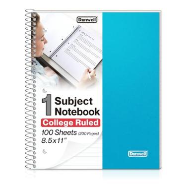 Imagem de Dunwell Caderno espiral de 1 assunto 21,5 x 28,5 cm – Caderno pautado universitário com capa de plástico azul, 100 folhas, caderno de um assunto com papel perfurado, 2 bolsos internos, caderno espiral