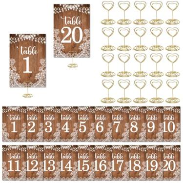 Imagem de CORNER LACE Números de mesa de casamento rústicos 1-20 com 20 peças de porta-cartões dourados - 10 x 15 cm, decoração de centro de mesa para casamento, chá de panela, recepção, marrom