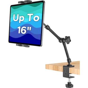 Imagem de Suporte de tablet para mesa, embaixo do armário, prateleira, mesa, placa, balcão – [Braço de metal] Braçadeira de armário para iPad de cozinha compatível com iPad Pro/Air/Mini, Fire HD, Galaxy Tabs e