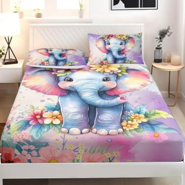Imagem de AILONEN Jogo de lençol infantil de elefante, kawaii, elefante solteiro, para crianças, flor colorida, tie dye aquarela, adorável animal, lençol com elástico com 2 fronhas, 3 peças