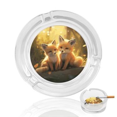 Imagem de Cinzeiro de vidro de cristal de raposas fofas, cinzeiro redondo para fumar de vidro resistente, portátil, decorativo, moderno, para uso em casa, escritório, interior, exterior, pátio