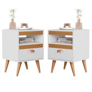 Imagem de Kit 2 Mesas de Cabeceira Modernas, com Gaveta e Nicho, Pés Palito Amadeirado (Branco/Cedro)
