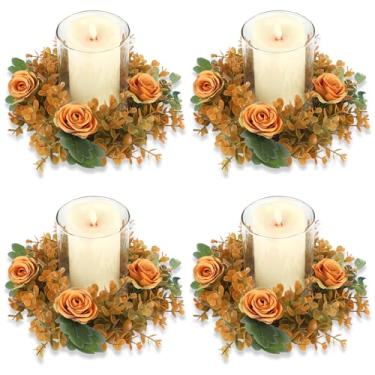 Imagem de Acmee 4 peças de anéis de vela rosa - grinaldas florais laranja artificial com folhas de eucalipto guirlanda de vegetação para castiçais de pilar decoração de mesa de festa de casamento
