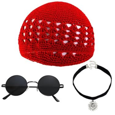 Imagem de Delicate Dew Conjunto de fantasia feminina de Halloween, chapéu Kufi de malha, bordô, gorro de crochê, pingente de sol, colar e óculos de sol circulares (vermelho)