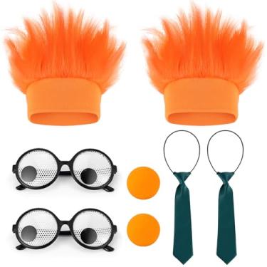 Imagem de Fantasia de cientista maluco de Halloween, kit de acessórios para cosplay, faixa de cabeça laranja peluda, nariz, olhos arregalados, óculos, gravata verde, personagem, cosplay, tamanho único, serve