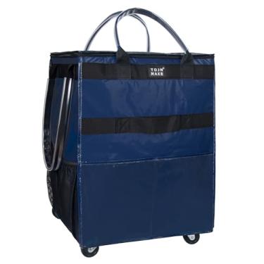 Imagem de Bolsa de compras reutilizável com rodas, carrinho de compras com 8 bolsos e capa de zíper dobrável, alças resistentes, carrega até 29,9 kg (grande, azul DK)