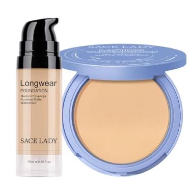 Imagem de SACE LADY Conjunto de maquiagem facial com 2 peças, base fosca impecável e pó prensado para controle de óleo, kit de cosméticos naturais à prova d'água com cobertura duradoura