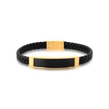 Imagem de Pulseira Masculina material sintético Preto E Placa Negra Em Aço - Tul