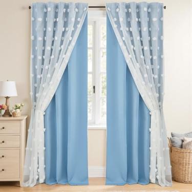 Imagem de Cortinas azuis para quarto de meninos, escurecimento do quarto, 203 cm de comprimento, conjunto de 2 painéis, cortina de berçário de camada dupla com pompom branco transparente e 2 laços magnéticos