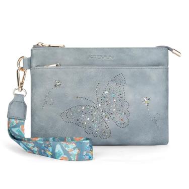 Imagem de KITEVIUN Porta-chaves carteiras de pulso bolsas de mão para mulheres carteira de telefone com bloqueio de RFID borboleta, 03 - Azul