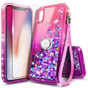 Imagem de Capa NGB projetada para iPhone X e iPhone Xs, rosa/roxo | Capa fofa com glitter líquido brilhante para mulheres, meninas e crianças | com protetor de tela de vidro temperado, suporte de anel e cordão