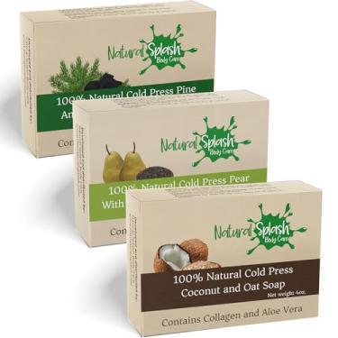 Imagem de Natural Splash Body Care Sabonete em barra natural feito à mão – Pacote variado com Aloe Vera e Colágeno Vegetal – Esfoliante Macio – Coco – Pera – Pinho – Pacote com 3