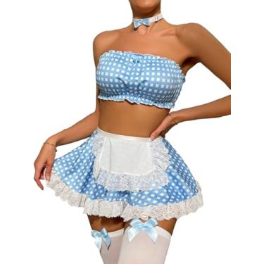 Imagem de WDIRARA Lingerie feminina xadrez de renda com babados conjunto de fantasia com gargantilha e meia de malha azul e branca GG