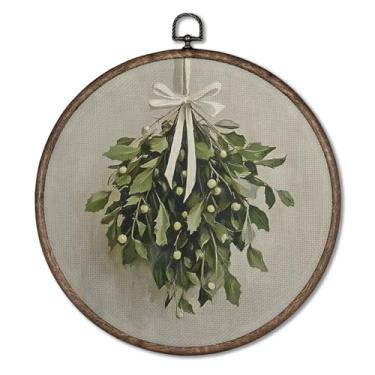 Imagem de Giosve Pôster vintage emoldurado em tela redonda de visco de Natal, rústico, antigo, neutro, inverno, férias, Natal, pendurar esculturas de parede para decoração de casa, quarto, sala de estar, 25 x