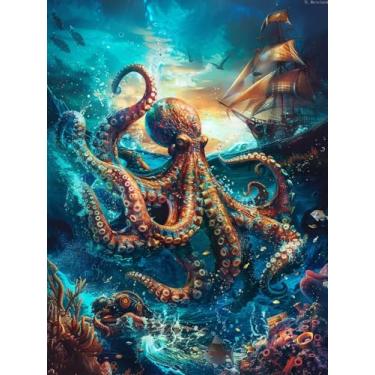 Imagem de YL Mainland Pintura de diamante para iniciantes, navio à vela pirata com pintura de diamante de luta de polvo, kit de pintura de paisagem faça você mesmo, escolha de presentes e decoração de casa 30 x