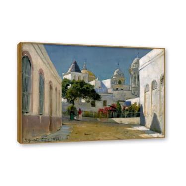 Imagem de Moldura externa de teca. Famosas pinturas a óleo (paisagem 03) por Peder Mork Monsted, reprodução impressa em tela, arte de cenário para decoração de sala de estar. 50 x 70 cm - 19,6 x 27,5 pol