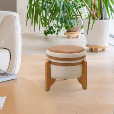 Imagem de Puff de Sala Redondo Veludo Base em Madeira Detalhes em Couro Caleb