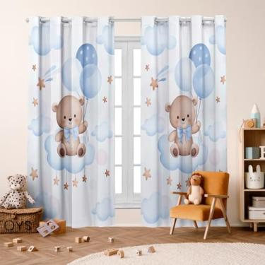 Imagem de Cortina Infantil Decorativa, 300x220cm, Poliéster, 2 Folhas, Estampada, para Quarto de Bebê e Criança (URSINHO NUVEM AZUL)