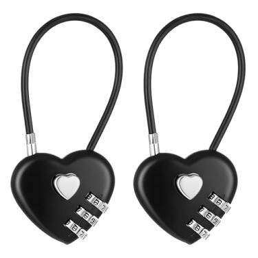 Imagem de 2 peças, cadeado de combinação de 3 dígitos, cadeado de combinação de coração, fofo, combo de cabos, cadeado preto com código de bagagem com corda de aço, mini fechaduras de armário de amor para