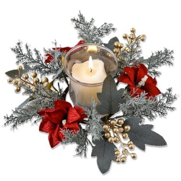 Imagem de Anel de vela de Natal, grinalda, flores vermelhas artificiais, baga, vegetação, guirlanda, armário de cozinha, mesa de festa de Natal, centro de mesa, suporte de vela