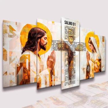 Imagem de Quadros Decorativos 5 Peça Maria Jesus Cristo Frase Salmo 91 Colorido 