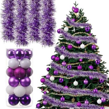 Imagem de Yuxung Guirlanda de Natal de 10 metros com 24 peças de enfeites de bola de Natal de 5 cm guirlanda metálica torcida para aniversário de casamento de Natal (roxo e branco)