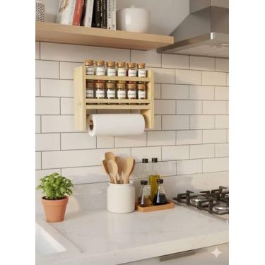 Imagem de Porta tempero parede madeira cozinha suporte prateleira papel toalha -